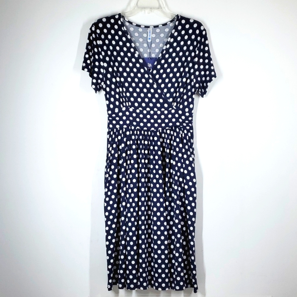 LILBETTER Blue White Polka Dot Midi Dress M NWT